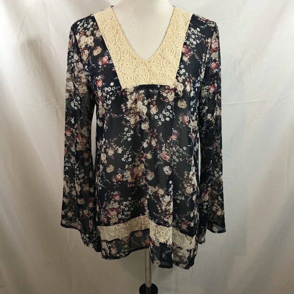About A Girl navy floral long sleeve sheer top wit